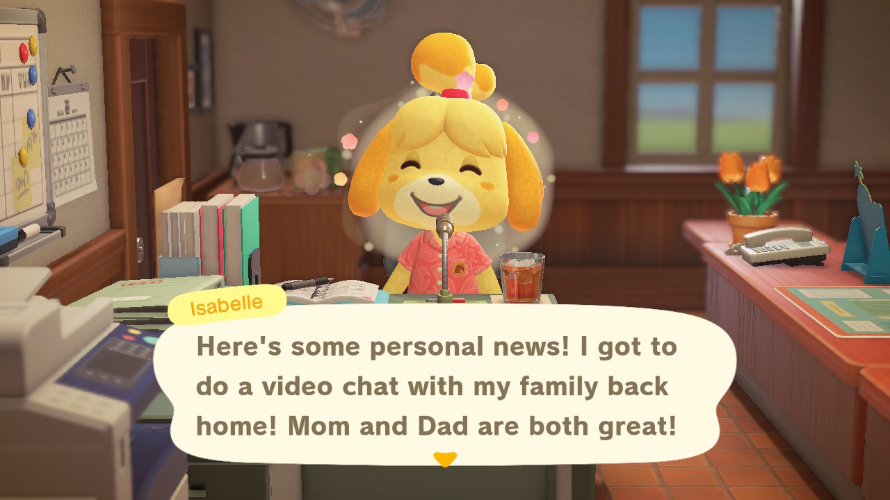 Isabelle video chat with her family in animal crossing