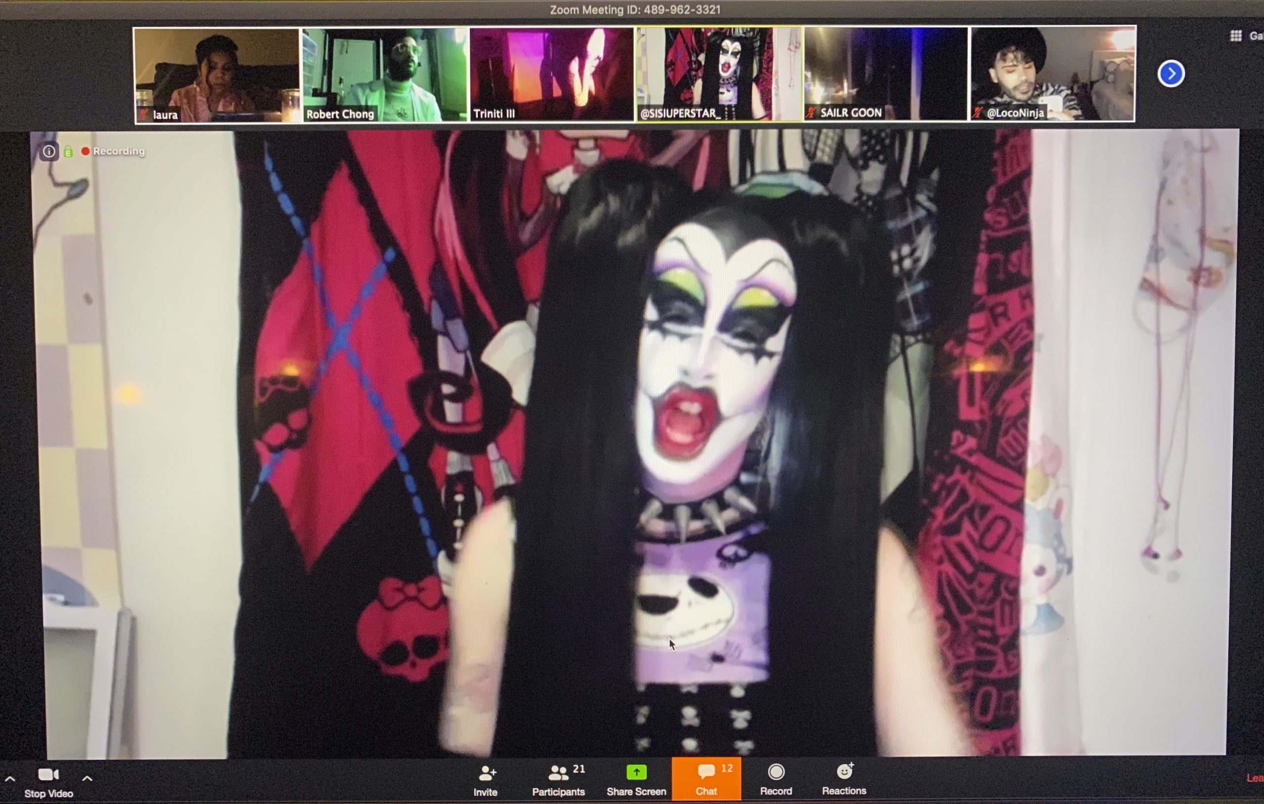 Screenshot of Zoom party with drag queen in Speaker View. 